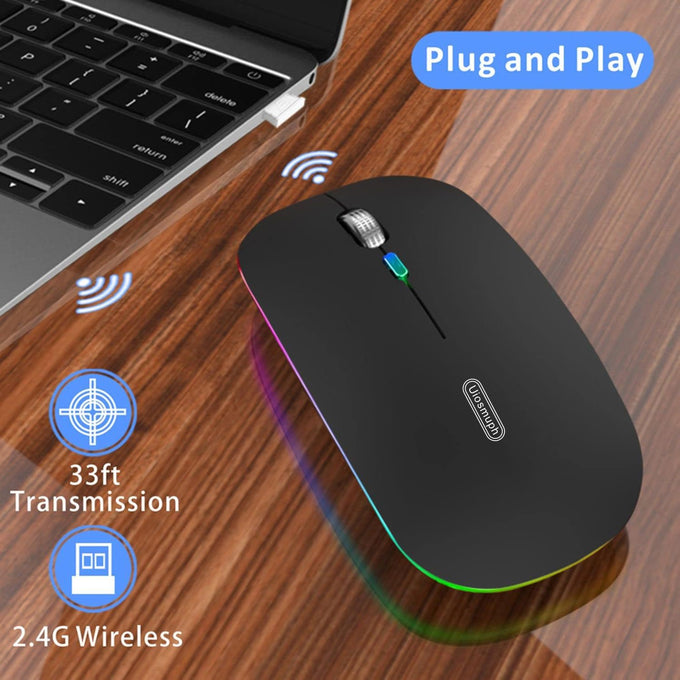 Uiosmuph LED Wireless Mouse, G12 Slim Rechargeable Silent Mouse Matte Black