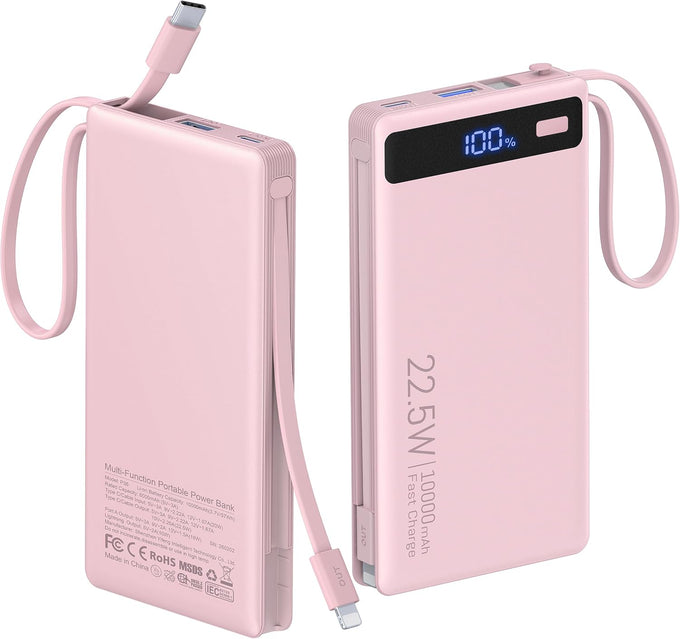 10000mAh Power Bank Built-in 2 Cables,40% Thinner 22.5W PD Portable Charger