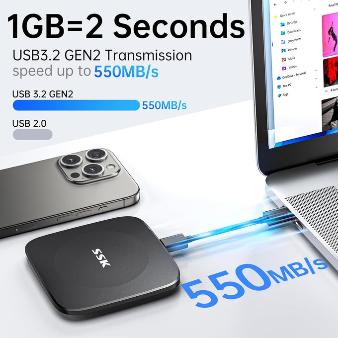 SSK External Hard Drive 256GB up to 550MB/s Portable SSD with USB C+A Cable