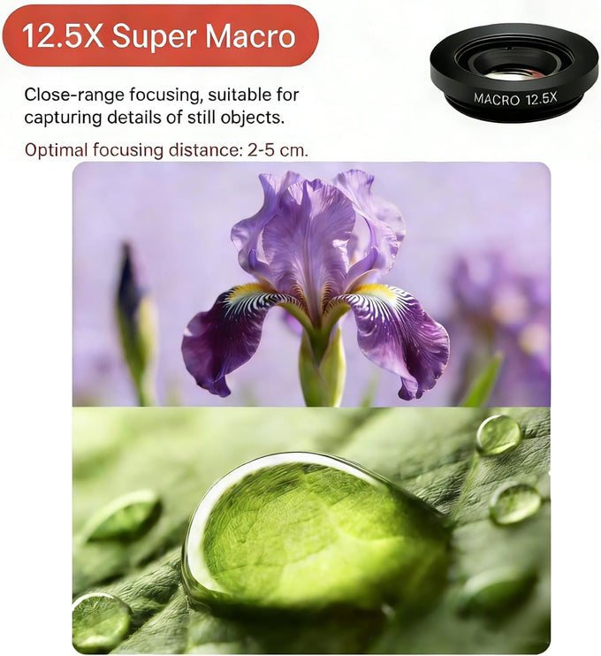 Phone Camera Lens Kit 2 in 1, 0.45X Wide Angle Lens+ 12.5X Macro Lens, Cell Phone Len Attachments Accessory for iPhone, for Samsung, for Android Smartphone