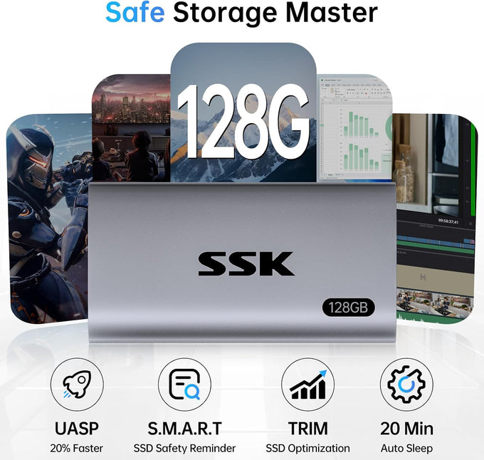 SSK 128GB Portable SSD External Hard Drive Solid State Drive up to 550MB/s