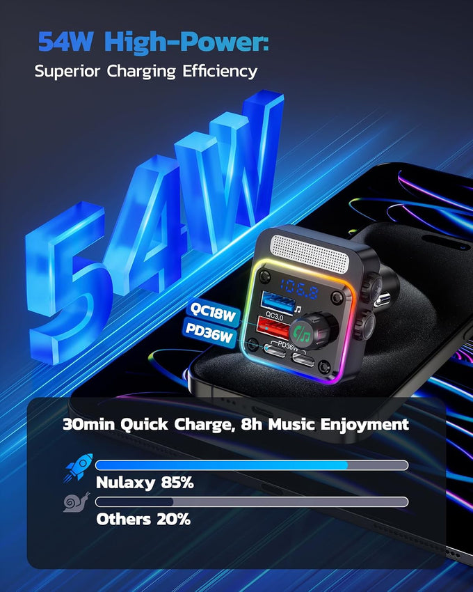 Nulaxy 54W Bluetooth 5.3 Car Adapter, FM Transmitter 4-Port Fast Charging