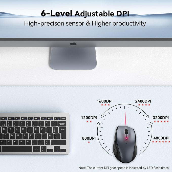TECKNET 2.4G Wireless Mouse, 4800 DPI Ergonomic Computer Mouse, USB, Grey