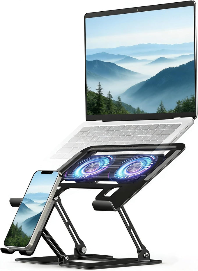 Laptop & Phone 2-in-1 Cooling Stand with Silent Fan, Adjustable Height & Angle, Carbon Steel Foldable Laptop Riser, Gaming Laptop Cooler Pad for Laptops Up to 18 Inch (Silver)