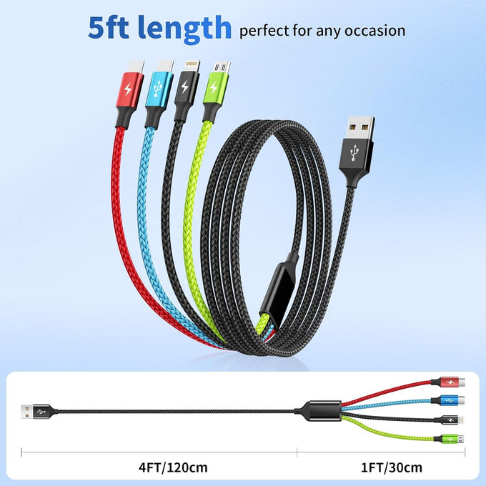 4 in 1 Multi Charging Cable, 2 Pack 5FT Charging Cords for Multiple Devices