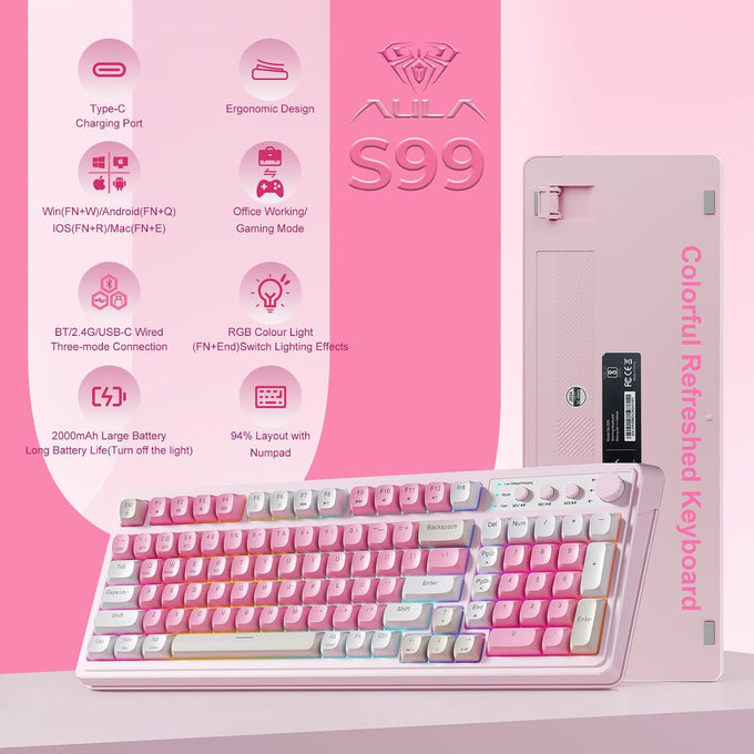 AULA 99 Key Keyboard, Wireless Pink Gaming Keyboard Creamy with Number Pad
