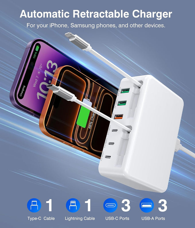 2026 Latest USB C Charger Block, 8 in 1 GaN Retractable Charger Station Hub with Lightening & Type C Cable, 120W Travel Essential Multi USB C Power Strip Plug for iPhone 17 16 15 Pro Max iPad Galaxy