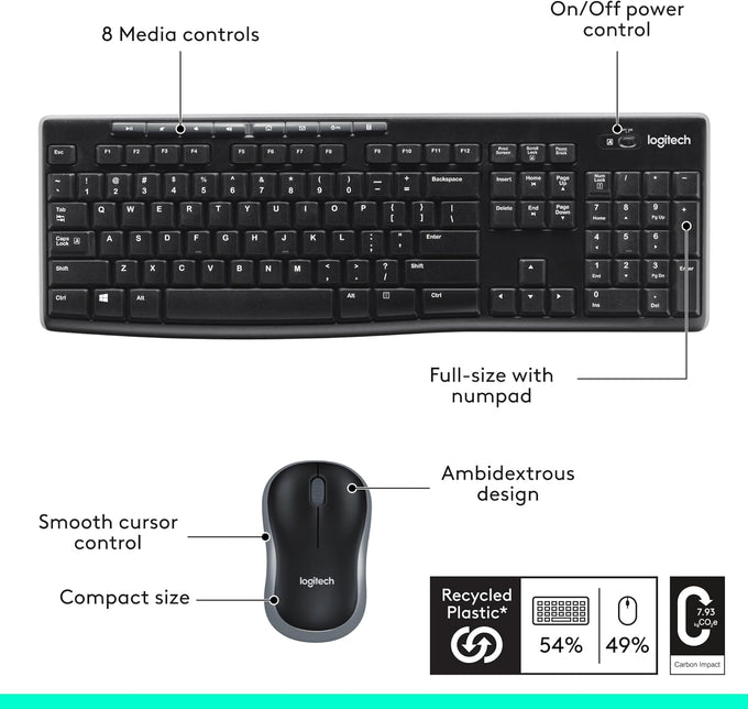 Logitech MK270 Full Size Wireless Keyboard and Mouse Combo - Black