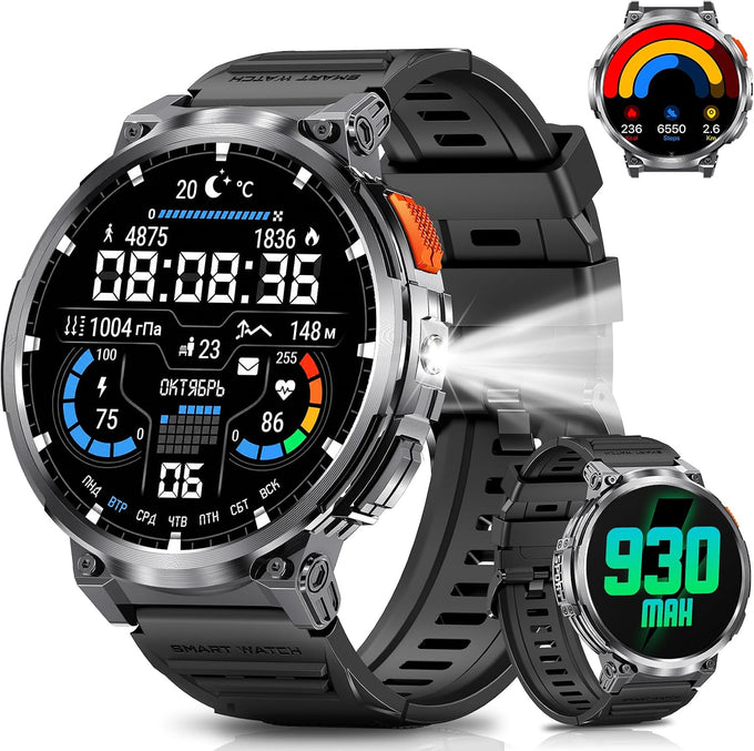 1.85" Big Screen Military Smart Watch for Men with Flashlight, 930mAh Large Battery, IP68 Waterproof, Bluetooth Calling, 114 Sports Modes, Heart Rate/Sleep Monitor for iPhone & Android