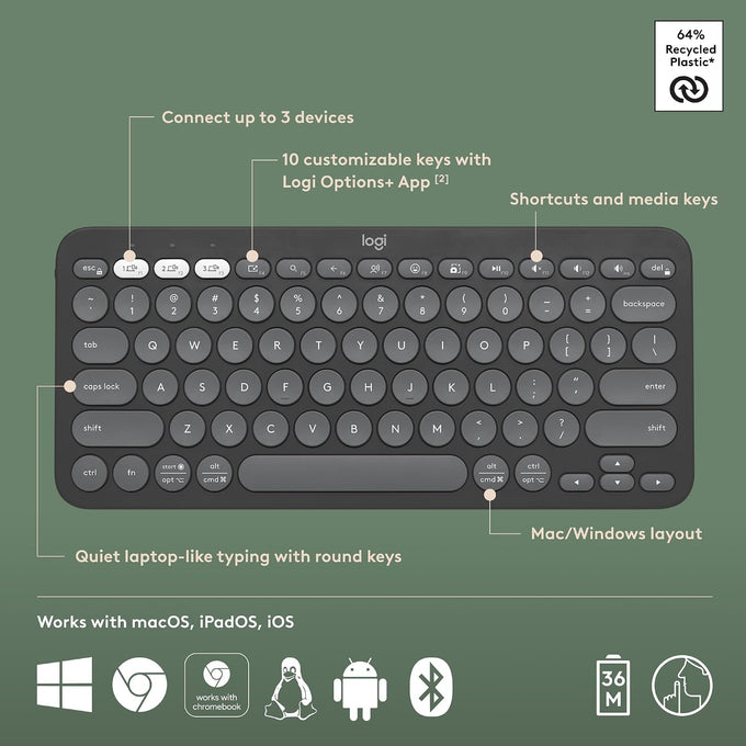 Logitech Pebble Keys 2 K380s Wireless Bluetooth Keyboard - Tonal Graphite