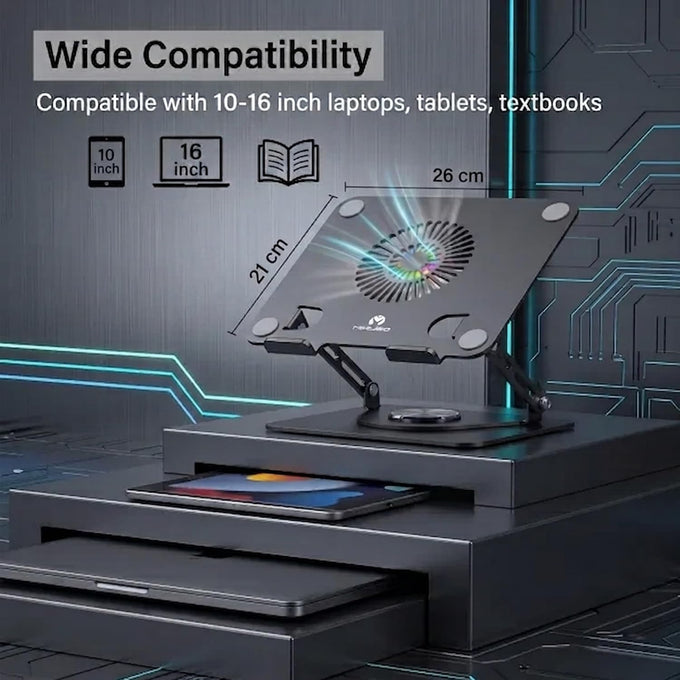 Laptop Stand with Cooling Fan& RGB Lighting,360° Rotating Iron Laptop Riser