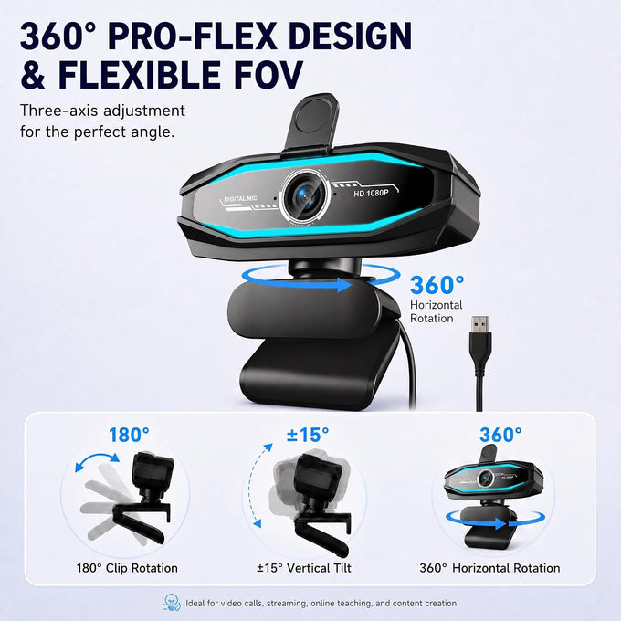 1080P Webcam with Microphone, Full HD Web Camera with RGB Light for Pc, Light Correction and Noise Cancellation Streaming Webcam, USB Computer Camera with Privacy Cover ,Plug and Play PC Web Cam