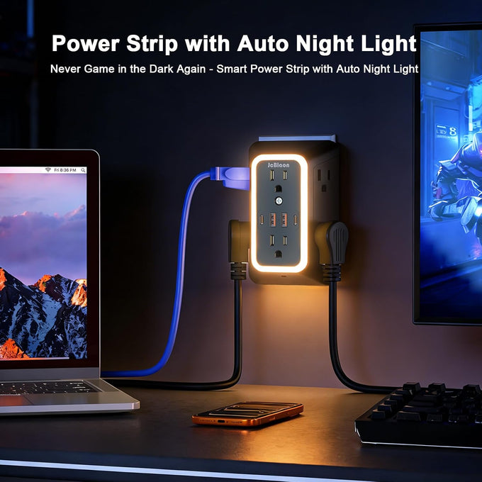 Wall Outlet Extender with Night Light, Power Plug Adapter 6 Outlet Extender with 4 USB Charging Ports（2 USB C）,1050J Power Strip Multi Plug Adapter Spaced for Home Office Travel-Black-ETL