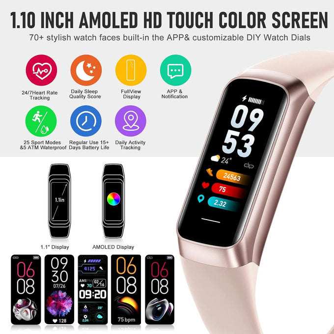 Fitness Tracker with 24/7 Heart Rate, Activity Trackers with Blood Pressure Sleep Monitor, 1.10" AMOLED Screen Step Tracker, Waterproof Step Counter, Health Smart Watch Pedometer for Women Men