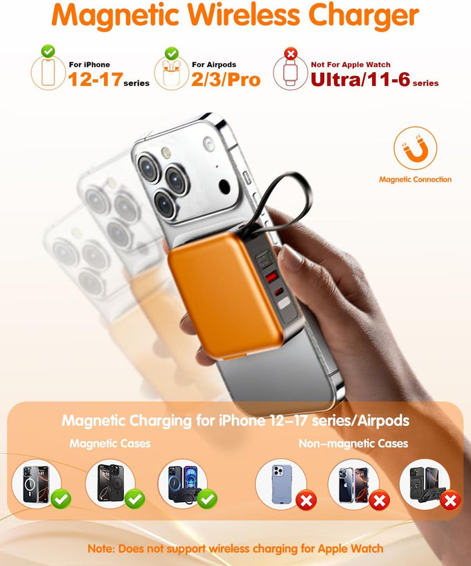 10000mAh for Magsafe Portable Charger Built-in Cables & AC Wall Plug,Orange