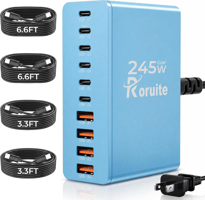 USB C Charging Station 10 Port with 4 Cables,245W GaN Charger Block