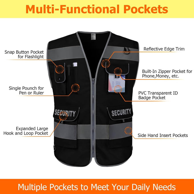TCCFCCT Security Vest for Security Guard 9 Pockets Safety Vest, Black L