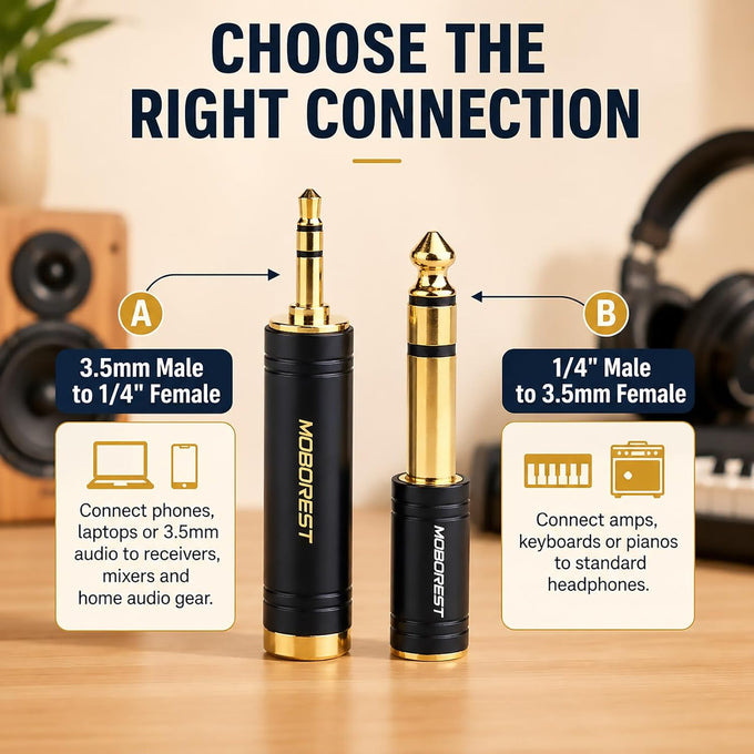 MOBOREST 3.5mm to 1/4 (6.35mm) Stereo Pure Copper Headphone Adapter, 2PCS