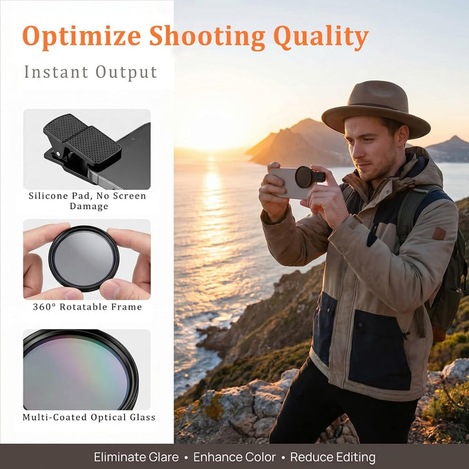 52mm Clip‑on CPL Phone Filter Kit, Optical Glass Lens
