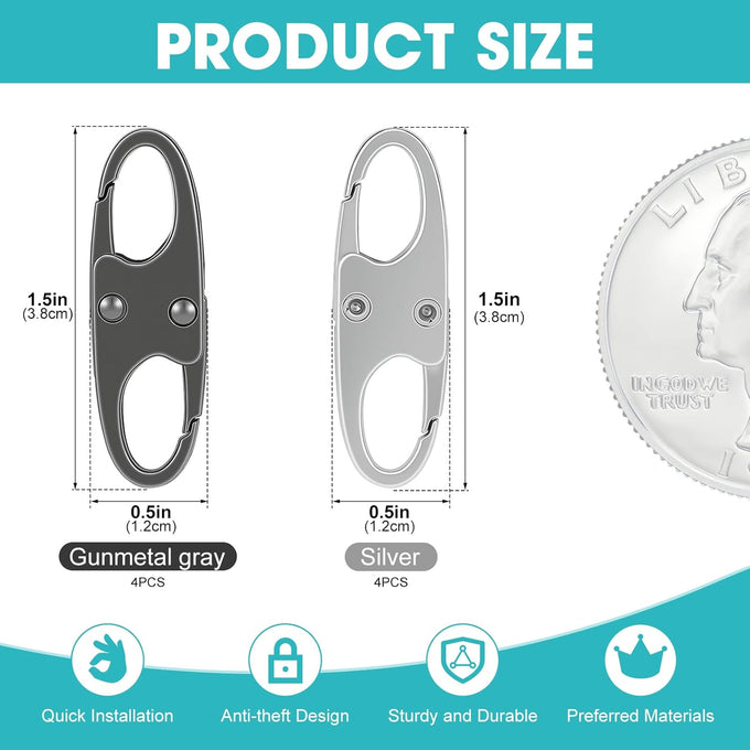8 Pcs Anti-Theft Small Carabiner Clip, Double Opening Zipper Pull Replacement, Elegant Zinc Alloy Zipper Clips for Backpacks, Luggage, Duffel Bags, Travel Essentials - 4 Silver & 4 Gunmetal