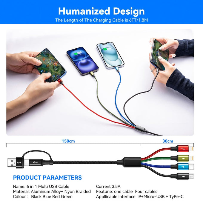 Minlu 6 in 1 Multi Charging Cable, USB A/USB C Charger Cable, 2 Pack 6Ft