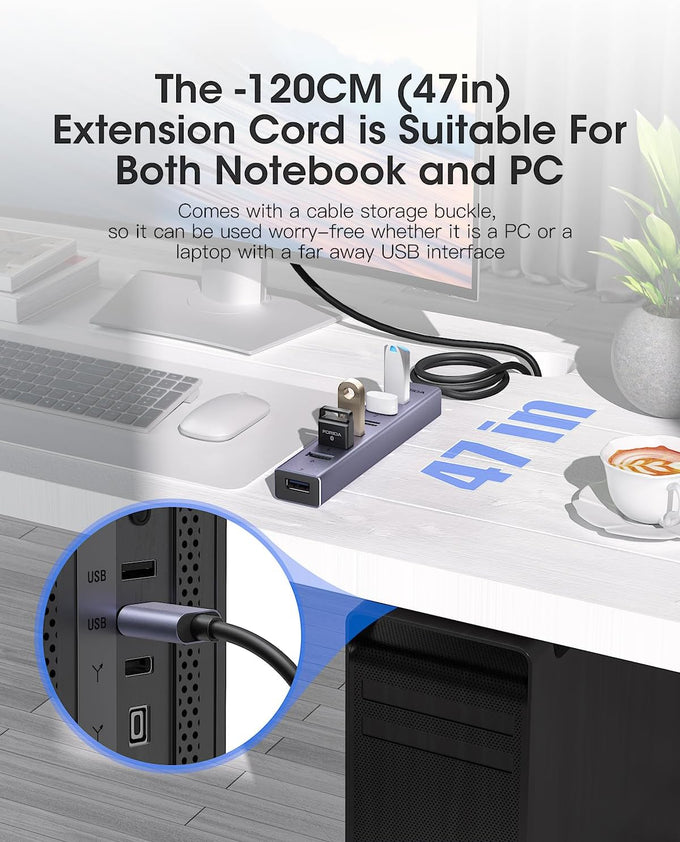FORIDA Aluminum 8-Port USB Hub Long Cable USB Splitter with 7 USB 3.0 Ports