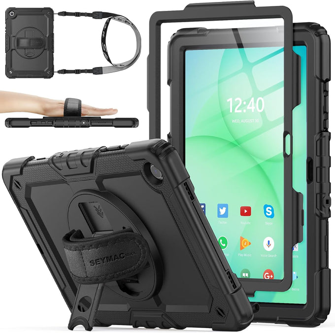 SEYMAC stock Case for Samsung Galaxy Tab A11+ Plus/A9+ Plus 11'', Full-Body Drop Protection Case with Screen Protector Pencil Holder [360° Rotating Hand Strap] &Stand - Black