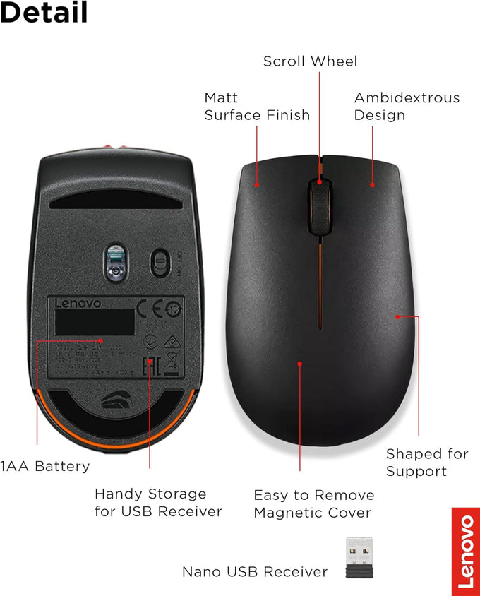 Lenovo 300 Wireless Mouse, Black, Computer Mouse for PC and Laptop with Windows, Ambidextrous Design, 2.4 GHz Nano USB Receiver, 12 Month Battery Life
