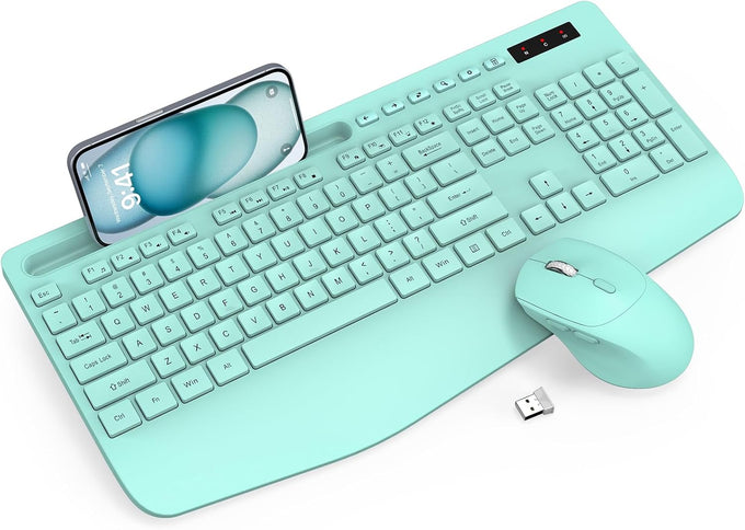 Wireless Keyboard and Mouse Combo - Full-Sized, Ergonomic Wrist Rest
