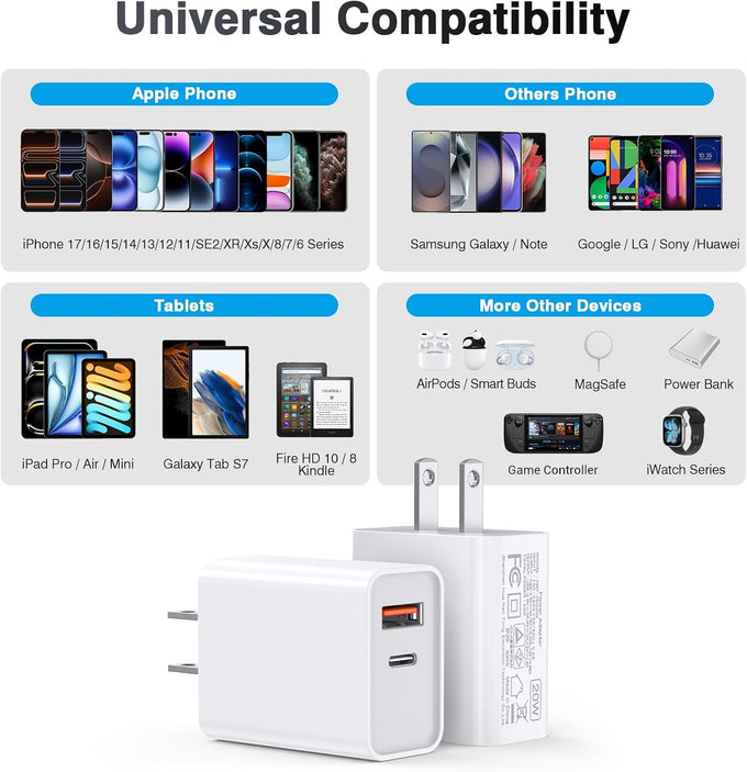 [2 Pack] 20W USB C Charger Block Fast Charging Dual Ports Adapter