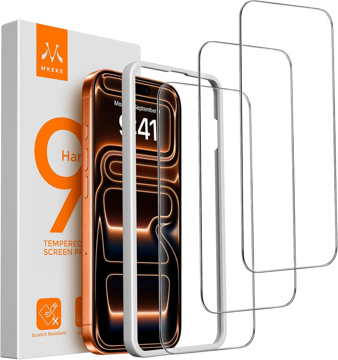 Mkeke Screen Protector for iPhone 16 Pro, 3 Pack 9H+ Tempered Glass