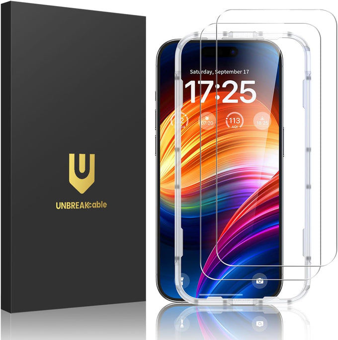 UNBREAKcable 2-Pack Screen Protector for iPhone 15, Double Shatterproof Tempered Glass [Easy Installation Frame] [9H Hardness] [99.99% HD Clear] [Case Friendly] for Apple iPhone 15 6.1 inch