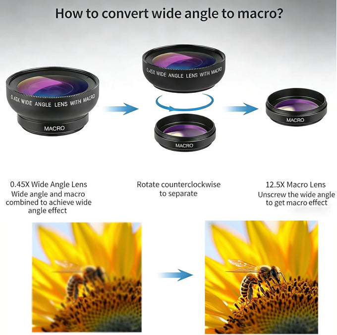 Phone Camera Lens Kit 2 in 1, 0.45X Wide Angle Lens+ 12.5X Macro Lens, Cell Phone Len Attachments Accessory for iPhone, for Samsung, for Android Smartphone