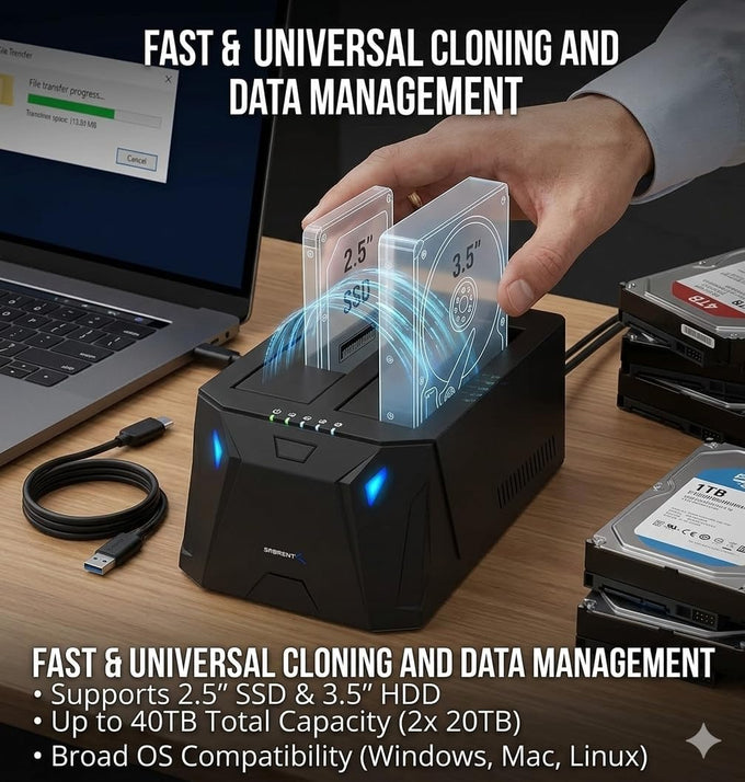 SABRENT USB 3.0 Dual Bay Hard Drive Docking Station & Cloner (EC-HD2B)