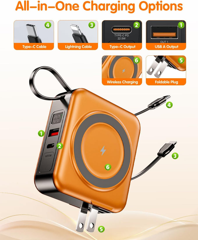 10000mAh for Magsafe Portable Charger Built-in Cables & AC Wall Plug,Orange