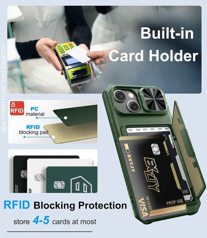 BXYJY for iPhone 15, iPhone 14, iPhone 13 Wallet Case, Card Holder, Green
