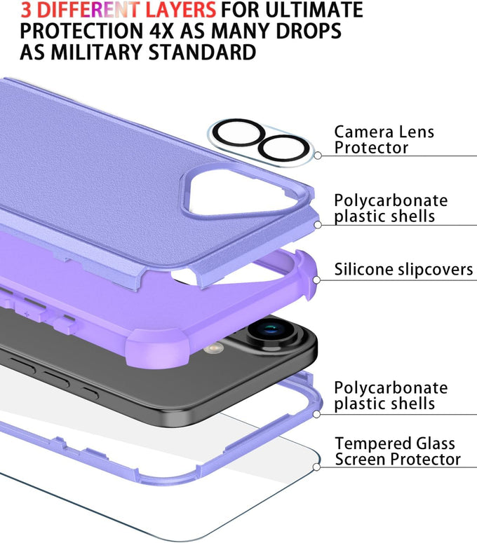 Diverbox for iPhone 16 Case [Shockproof] [Dropproof] [Tempered Glass Screen Protector + Camera Protectors] Heavy Duty Protection Phone Case Cover for Apple iPhone 16 (Purple)
