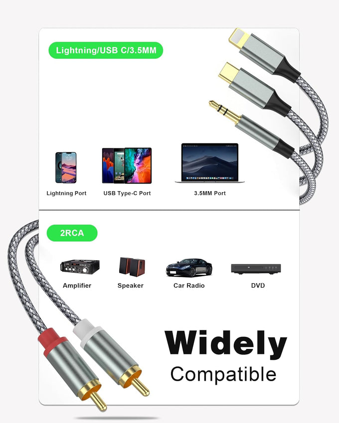 3 in 1 Lightning USB C 3.5mm to 2 RCA Audio Cable for Car Amplifier