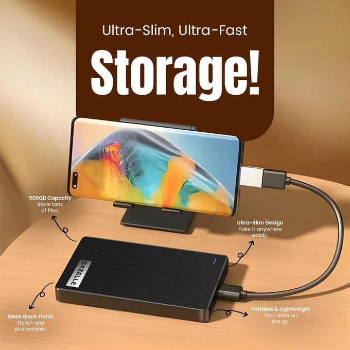 GAZELLE High-Speed 500GB Ultra Slim Portable External Hard Drive - 2-in-1 Type C & USB 3.0, Compatible with PC, Mac, Laptop, PS4, Xbox, iPad, Tablet, Mobile (Black) - 1 Year Warranty