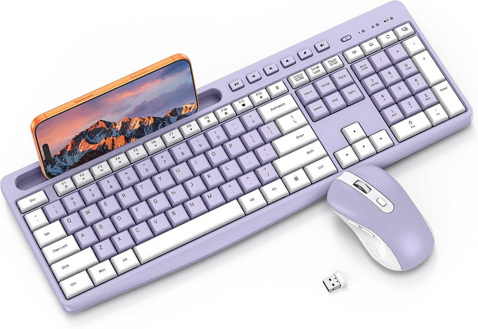 OMOTON Purple Wireless Keyboard and Mouse Combo, Built-in Phone Holder