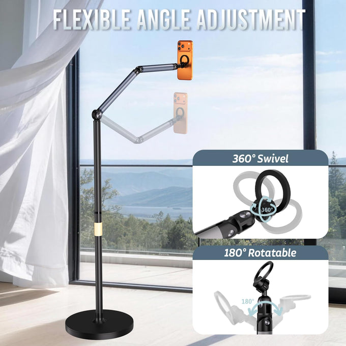 Magnetic Phone Floor Stand, Aluminum iPhone Overhead Stand with Adjustable Arm & Remote for Multi-Angle Creative Shooting, Stable Stand for iPhone/Android