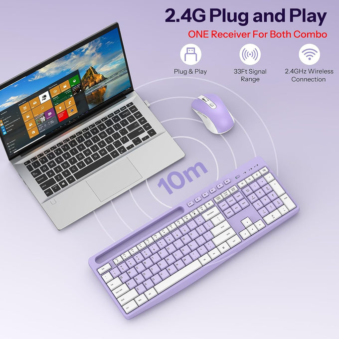 OMOTON Purple Wireless Keyboard and Mouse Combo, Built-in Phone Holder