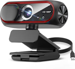 1080P HD Webcam with Microphone, Noise Cancellation, Privacy Cover, Wide-Angle Lens, Auto Light Correction, Plug & Play USB Webcam for Laptop, Desktop, PC, Mac, Zoom, Skype, Streaming (Red)
