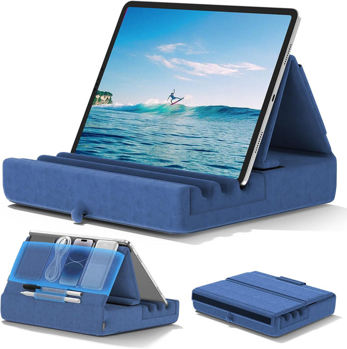 KDD Tablet Pillow Holder, Foldable iPad Stand for Lap, Bed and Desk -Tablet Soft Pad Dock with Pocket & Stylus Mount Compatible with iPad Pro 12.9, 10.5, 9.7 Air Mini 6 5 4 3, Galaxy Tab, E-Reader