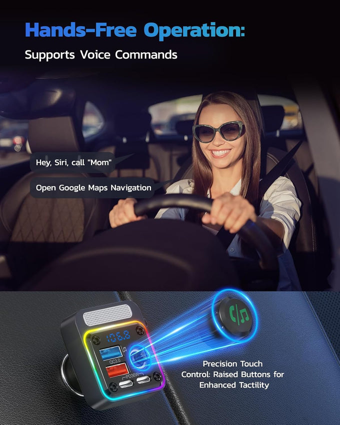 Nulaxy 54W Bluetooth 5.3 Car Adapter, FM Transmitter 4-Port Fast Charging