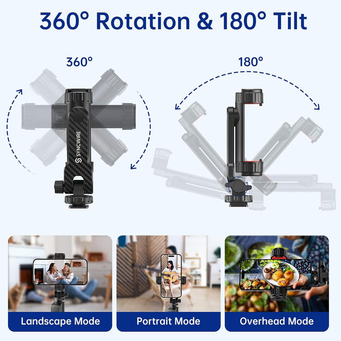 SYNCWIRE Tripod Phone Mount, Universal Smartphone Mount Adapter with 2 Cold Shoe and 1/4" Screw, 360° Rotates and 180° Tilts Adjustable Cell Phone Clamp Holder for Enhancing Mobile Photography Setup