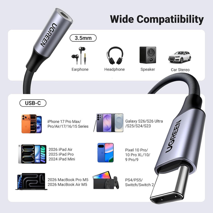 UGREEN USB C to 3.5mm Audio Adapter Type C to Aux 24bit/96kHz, Grey