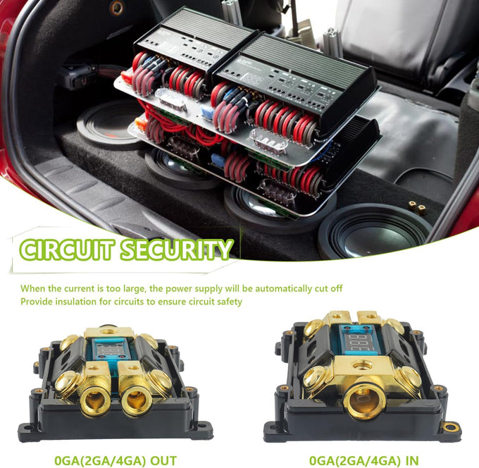 Car Audio Digital LED Voltage Display, ANL Fuse Holder Distribution Block 1 in 2 Out, with 2 Fuses and 2 Hexagon Wrench, Suitable for Car and Yacht Audio