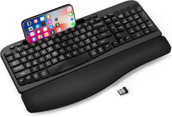 EAYBLLY 2.4G Wireless Ergonomic Keyboard, Full Size Wave Keys with Memory Foam Wrist Rest & 7.28in Phone Holder, USB-C Adapter Included for Windows Mac Chrome OS, Office or Home (Black)