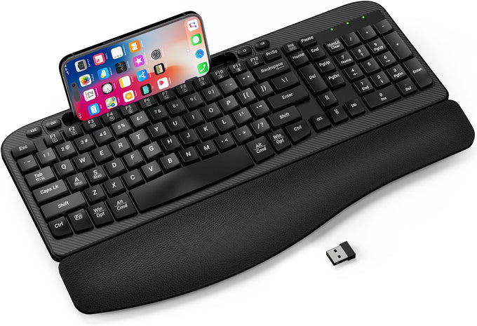 EAYBLLY 2.4G Wireless Ergonomic Keyboard, Full Size Wave Keys with Memory Foam Wrist Rest & 7.28in Phone Holder, USB-C Adapter Included for Windows Mac Chrome OS, Office or Home (Black)